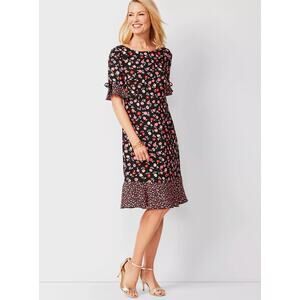 Talbots 10P Black Floral Short Sleeve Ruffle Hem Dress Office Work Church Midi